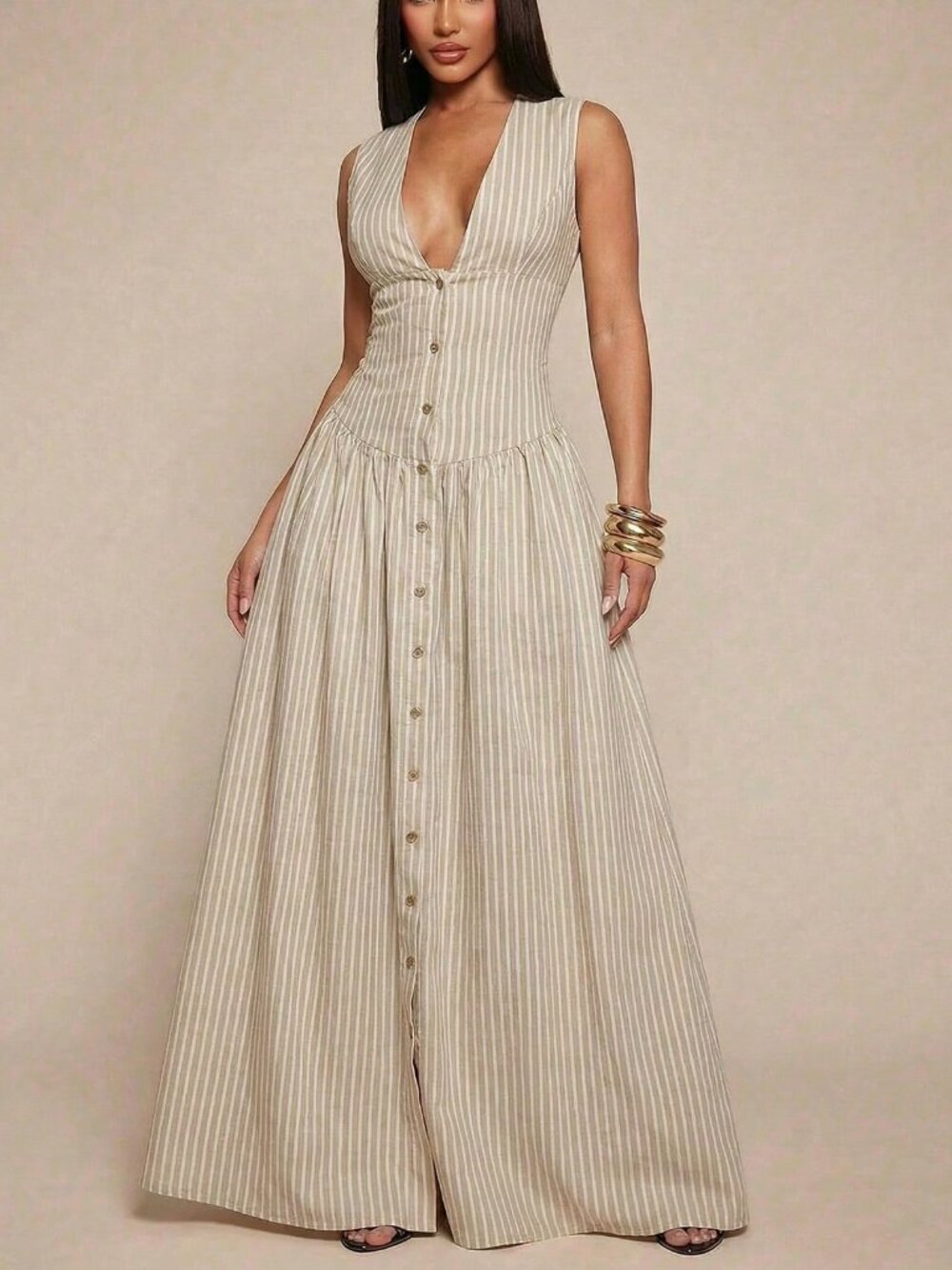 Casual Women's V-Neck Sleeveless Stripe Cinched Waist Long Dress - Picture 4 of 7